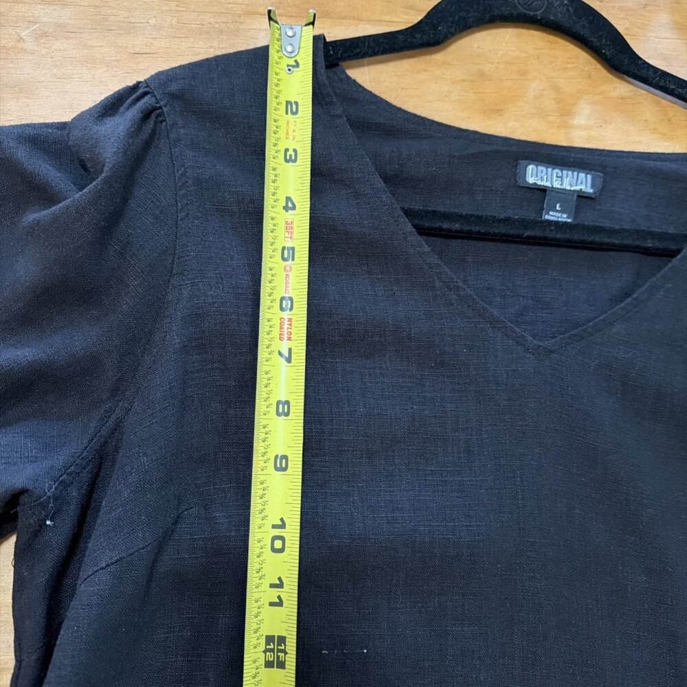 Nicole Miller Original Black Dress Linen Blend Minimalist V-Neck L Pintuck Hem - Picture 7 of 10